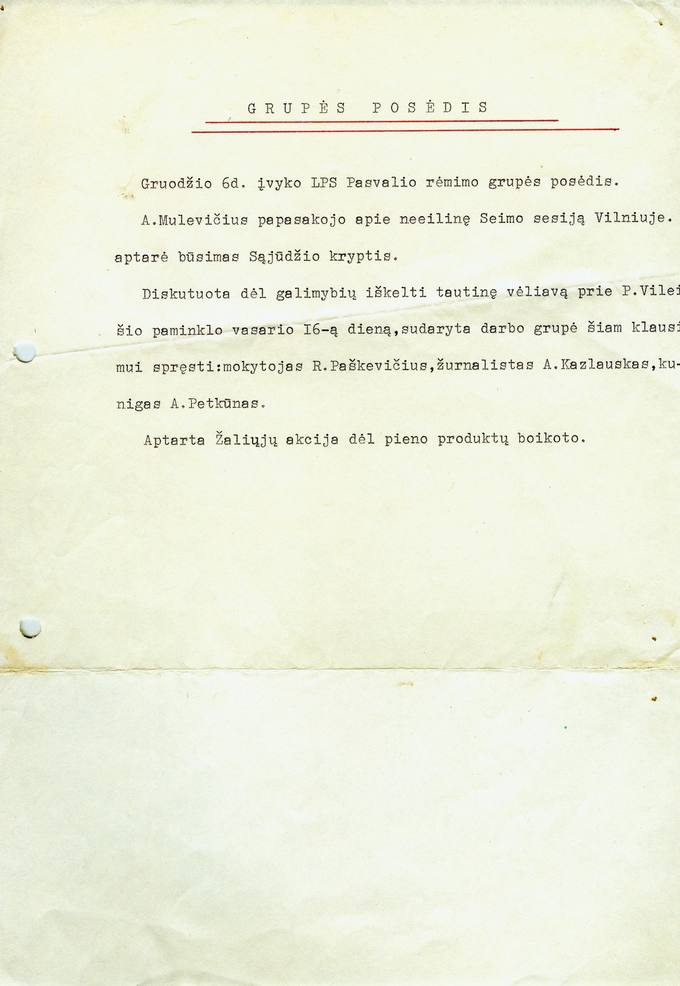 Informacija apie 1988 m. gruodžio 6 d. įvykusį LPS Pasvalio rėmimo grupės posėdį